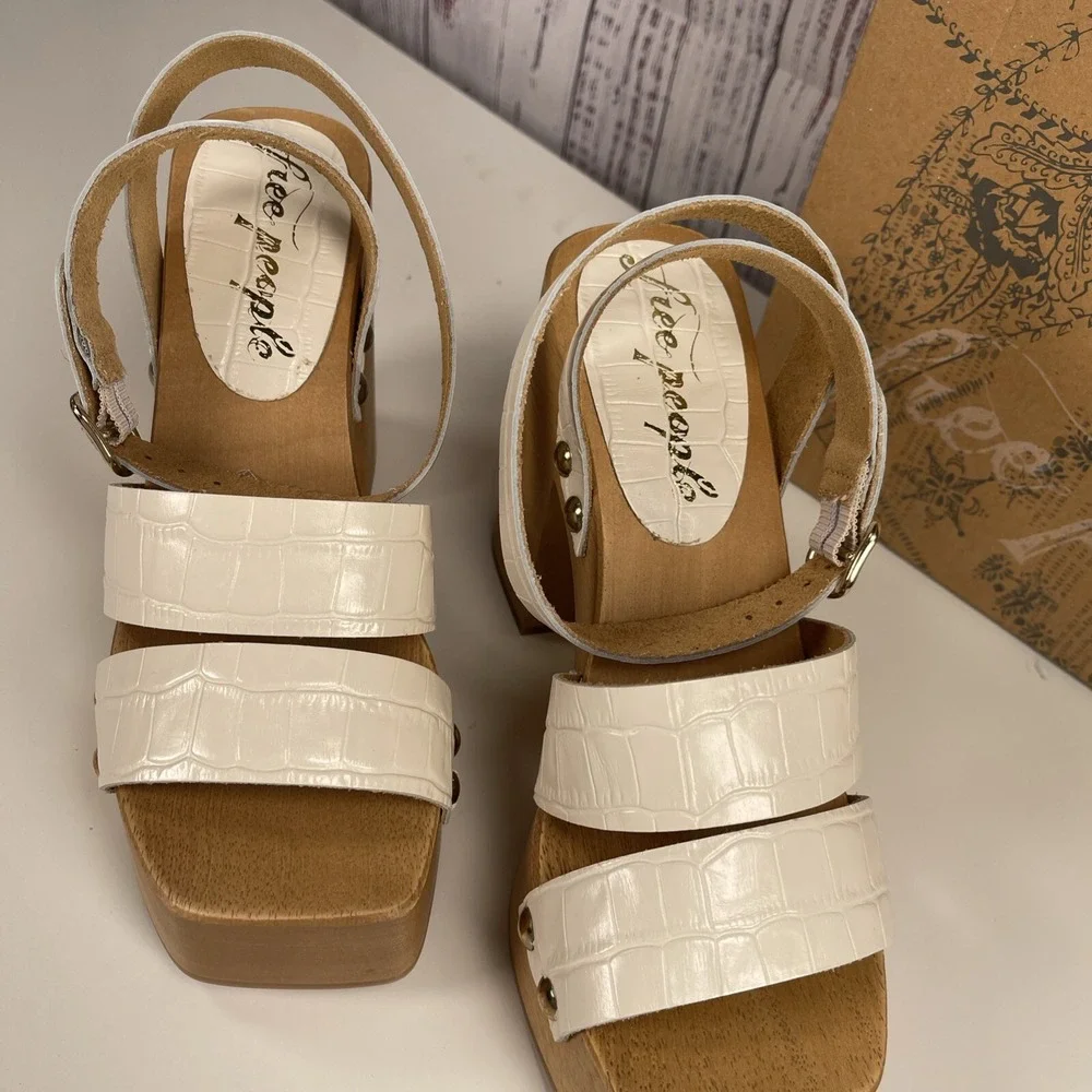 Free People Mallory Sandal Clog Croc Leather Wood Platform White  Sz 36 6
